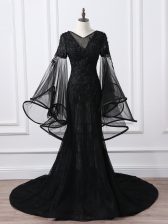  Black Empire Lace and Appliques Prom Gown Lace Up Tulle Long Sleeves