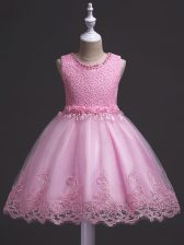  Tulle Scoop Sleeveless Zipper Lace Pageant Gowns For Girls in Rose Pink 