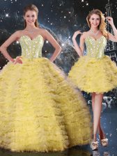 On Sale Sleeveless Floor Length Beading and Ruffled Layers Lace Up Sweet 16 Quinceanera Dress with Yellow