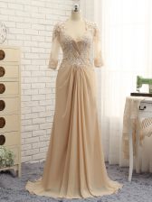  Champagne Zipper Prom Dress Beading and Lace and Appliques Long Sleeves Brush Train