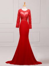 Sumptuous Red Scoop Neckline Lace and Appliques Evening Dress Long Sleeves Zipper