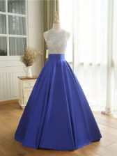 Eye-catching Blue A-line Scoop Sleeveless Satin Floor Length Backless Beading Homecoming Dress