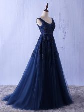  Navy Blue Straps Neckline Appliques Prom Dresses Sleeveless Lace Up