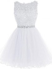 Sleeveless Tulle Mini Length Zipper Prom Gown in White with Beading and Lace and Appliques