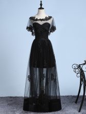  Black A-line Scoop Short Sleeves Tulle Floor Length Backless Embroidery Prom Gown