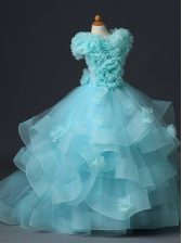 Dramatic High-neck Sleeveless Lace Up Little Girls Pageant Gowns Aqua Blue Tulle