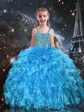 Fancy Floor Length Ball Gowns Sleeveless Baby Blue Kids Pageant Dress Lace Up
