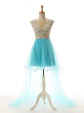 Noble Aqua Blue Scoop Neckline Beading and Lace and Appliques Prom Party Dress Sleeveless Backless