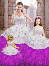  White And Purple Sleeveless Floor Length Beading and Appliques and Ruffles Lace Up 15 Quinceanera Dress