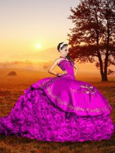  Fuchsia Sleeveless Organza Brush Train Lace Up Vestidos de Quinceanera for Military Ball and Sweet 16 and Quinceanera