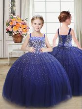 Inexpensive Royal Blue Straps Neckline Beading Little Girl Pageant Gowns Sleeveless Lace Up