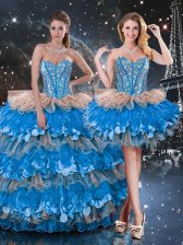 Customized Sleeveless Floor Length Beading and Ruffles and Ruffled Layers Lace Up Quinceanera Dresses with Multi-color
