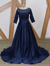  Navy Blue A-line Scoop 3 4 Length Sleeve Satin Brush Train Zipper Beading Prom Evening Gown
