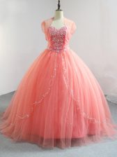  Watermelon Red Quinceanera Gowns Sweet 16 and Quinceanera with Beading V-neck Sleeveless Lace Up