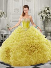 Dramatic Yellow Sleeveless Beading and Ruffles Lace Up Sweet 16 Dress