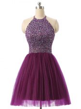 Sophisticated Dark Purple Backless Halter Top Beading and Sequins Evening Dress Tulle Sleeveless