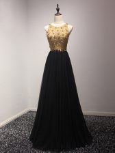  Black Tulle Lace Up Scoop Sleeveless Floor Length Prom Dresses Beading and Lace and Appliques