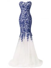  Blue And White Mermaid Beading and Lace and Appliques Evening Dress Zipper Tulle Sleeveless