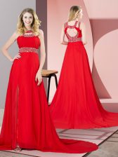 High Class Red Empire Beading Prom Party Dress Backless Chiffon Sleeveless