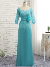  Baby Blue Column/Sheath Sweetheart 3 4 Length Sleeve Chiffon Zipper Lace and Appliques Prom Dresses