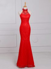  Red Lace Zipper Prom Dress Sleeveless Floor Length Beading and Lace
