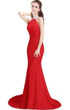 Glamorous Sleeveless Elastic Woven Satin Brush Train Side Zipper Prom Dress in Red with Beading