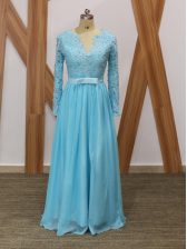 Captivating Baby Blue Empire Lace Prom Gown Backless Chiffon Long Sleeves Floor Length
