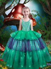 Super Floor Length Ball Gowns Sleeveless Green Little Girls Pageant Gowns Lace Up