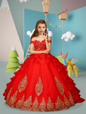  Sleeveless Floor Length Appliques and Embroidery Lace Up Kids Formal Wear with Red