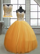  Floor Length Gold Quinceanera Dress Spaghetti Straps Sleeveless Lace Up