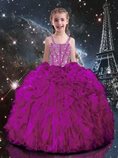  Floor Length Ball Gowns Short Sleeves Fuchsia Little Girls Pageant Gowns Lace Up