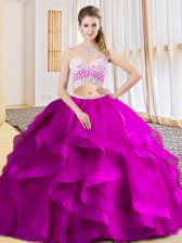  Fuchsia Two Pieces Tulle One Shoulder Sleeveless Beading and Ruffles Floor Length Criss Cross Ball Gown Prom Dress