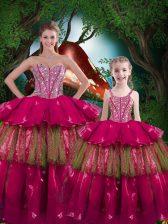 Charming Fuchsia Ball Gowns Organza Sweetheart Sleeveless Beading and Ruffled Layers Floor Length Lace Up Sweet 16 Quinceanera Dress