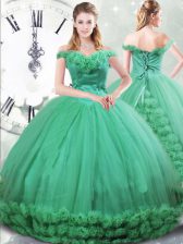 Wonderful Off The Shoulder Sleeveless Brush Train Lace Up Quinceanera Gown Turquoise Fabric With Rolling Flowers