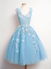 Dynamic Baby Blue Sleeveless Lace Knee Length Quinceanera Court Dresses