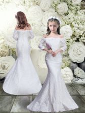 Glittering 3 4 Length Sleeve Lace Floor Length Lace Up Toddler Flower Girl Dress in White with Lace