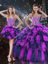 Customized Multi-color Ball Gowns Organza Sweetheart Sleeveless Beading and Ruffles and Ruffled Layers Floor Length Lace Up Quinceanera Dress