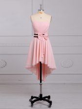 Glittering Ruching and Bowknot Damas Dress Baby Pink Lace Up Sleeveless High Low