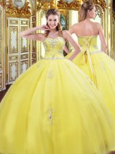 Beauteous Gold Ball Gowns Tulle Sweetheart Sleeveless Beading and Appliques Floor Length Lace Up Quince Ball Gowns
