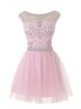 Edgy Baby Pink A-line Scoop Sleeveless Tulle Mini Length Zipper Beading Prom Dress