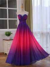  Multi-color Chiffon and Printed Lace Up Prom Evening Gown Sleeveless Floor Length Beading and Ruching