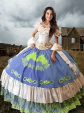  Multi-color Quinceanera Dress Military Ball and Sweet 16 and Quinceanera with Embroidery and Ruffled Layers Off The Shoulder Sleeveless Brush Train Lace Up