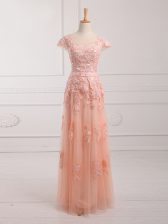  Cap Sleeves Tulle Floor Length Lace Up Prom Dresses in Peach with Lace and Appliques and Belt