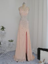  Peach Column/Sheath Chiffon V-neck Sleeveless Beading Floor Length Backless Prom Dress