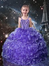 Exquisite Sleeveless Organza Floor Length Lace Up Little Girls Pageant Gowns in Purple with Beading and Ruffles