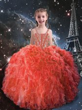 Dazzling Coral Red Organza Lace Up Kids Pageant Dress Sleeveless Floor Length Beading and Ruffles