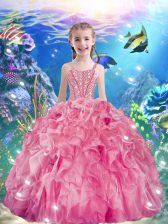  Sleeveless Floor Length Beading and Ruffles Lace Up Pageant Gowns For Girls with Rose Pink 