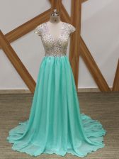 Fitting Brush Train Empire Prom Gown Apple Green Scoop Chiffon Short Sleeves Backless
