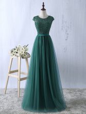  Dark Green Prom Dress Prom and Party and Military Ball with Lace Scoop Short Sleeves Zipper