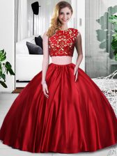  Wine Red Two Pieces Lace and Ruching Quince Ball Gowns Zipper Taffeta Sleeveless Floor Length
